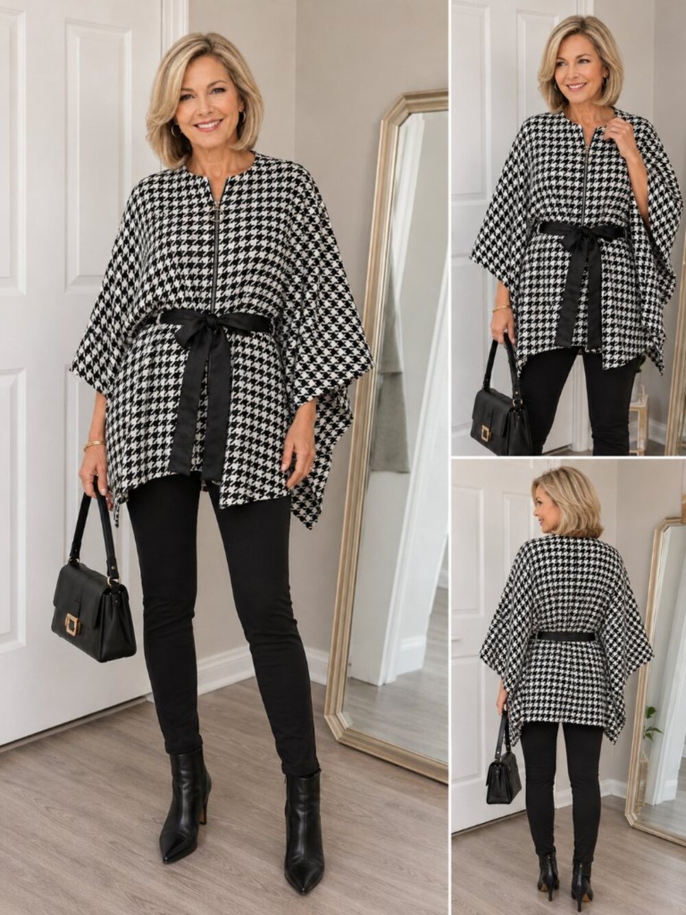 Boston Proper TimeLess Elegant Houndstooth Cape Coat Belted Zip Poncho Wrap M/L - Picture 1 of 6